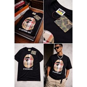 BAPE A Bathing Ape Check Ape Head T Shirt Black Multi Plaid Size L NWT